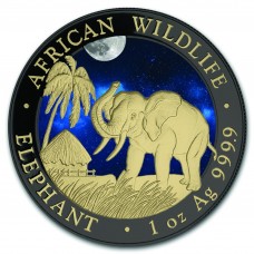 Silver Somalia Elephant 2017 Night Colorized, Gold Gilded& Ruthenium plated Coin