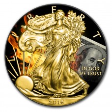 Silver American Eagle Burning Dollar Coin Ruthenium and Gold Gilded