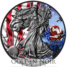 Silver American Eagle, Flag & Rose Design, Colorized and Ruthenium Gilded Coin by Golden Noir Series.