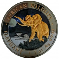 1 oz Silver Somalia Elephant 2016 Ruthenium Gold Gilded and Colorized Night Coin