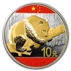 10 CNY 30 g Silver Chinese Flag Panda 2016 Gold Gilded and Colored China Flag  with Case and CoA