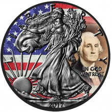 George Washington American Eagle Silver Coin, US Flag Colorized and Ruthenium Plated Coin