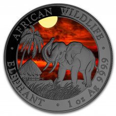 2017 1 oz Silver Somali Elephant Sunset Coin, Colored and Ruthenium Plated