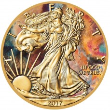 Silver American Eagle 2017 Coin, Gold Gilded and Colorized Aquarelle