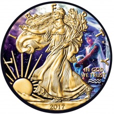 Zodiac Aquarius, American Silver Eagle , Colorized, Gold & Ruthenium Gilded Silver Coin 