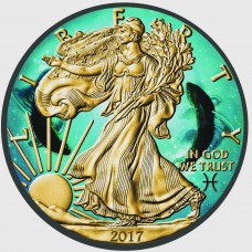  American Silver Eagle Coin Zodiac Pisces, Colorized, Gold & Ruthenium Plated Coin