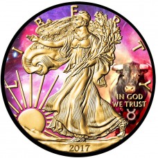2018 American Silver Eagle Zodiac Taurus Colorized, Gold Gilded and Ruthenium Plated Coin