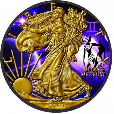 American Silver Eagle Coin - Zodiac Gemini, Colorized, Gold and Ruthenium Gilded.