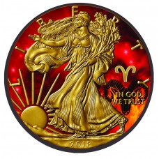 2018 American Silver Eagle Coin-Zodiac Aries, Colorized, Gold and Ruthenium gilded