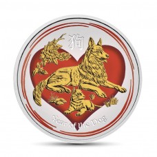 1/2 oz Silver Australia Lunar Year of the Dog in Love Colorized and Gold Gilded Coin