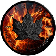 2018 Burning Maple Leaf, Colorized & Ruthenium Plated Coin